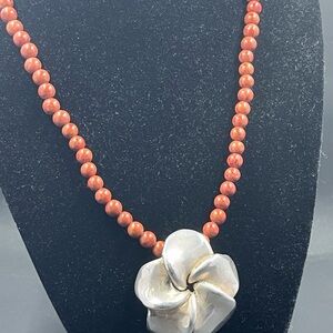 Elegant ISREAL Silver Floral Pendant Necklace with stone or coral Beads